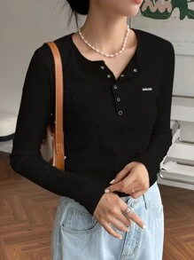 DAZY Letter Patched Half Button Tee - Black - View 1