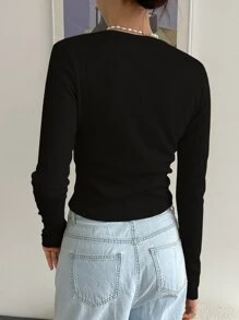 DAZY Letter Patched Half Button Tee - Black - View 2