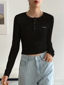 DAZY Letter Patched Half Button Tee - Black - View 3