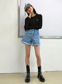 DAZY Letter Patched Half Button Tee - Black - View 5