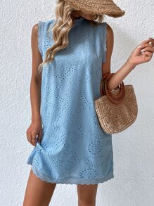 SHEIN VCAY Keyhole Back Frill Trim Eyelet Embroidery Dress - Blue - View 1