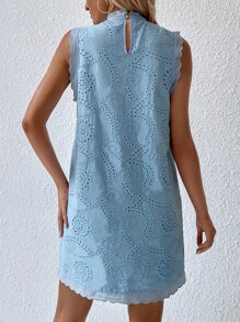 SHEIN VCAY Keyhole Back Frill Trim Eyelet Embroidery Dress - Blue - View 2