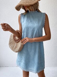 SHEIN VCAY Keyhole Back Frill Trim Eyelet Embroidery Dress - Blue - View 4