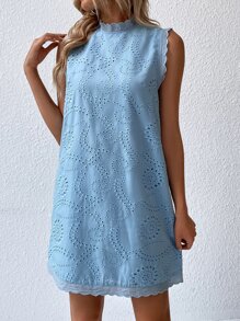 SHEIN VCAY Keyhole Back Frill Trim Eyelet Embroidery Dress - Blue - View 5