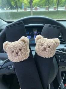2入組熊裝飾汽車安全帶墊 - 卡其色 - 查看 2