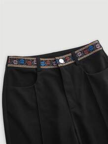 SHEIN MOD Contrast Tape Waist Flare Leg Trousers - Black - View 3