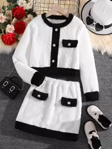 Girls Contrast Trim Flannel Jacket & Skirt - White - View 1