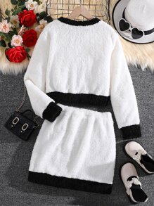 Girls Contrast Trim Flannel Jacket & Skirt - White - View 2