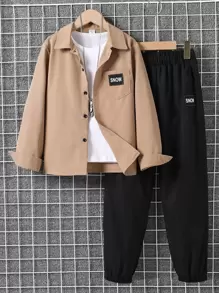 SHEIN Camisa E Calça Frontal Com Bolso Para Meninos Adolescentes, Detalhes Com Remendo De Letras, Sem Camiseta Interna
