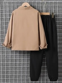 SHEIN Camisa E Calça Frontal Com Bolso Para Meninos Adolescentes, Detalhes Com Remendo De Letras, Sem Camiseta Interna