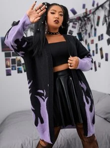 PUNK Plus Size Fire Print Casual Design Cardigan, For Winter Fall Cloth For Women