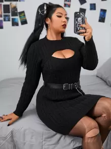 PUNK Plus Cut Out Cable Knit Jumper Dress Without Belt - Black - View 1