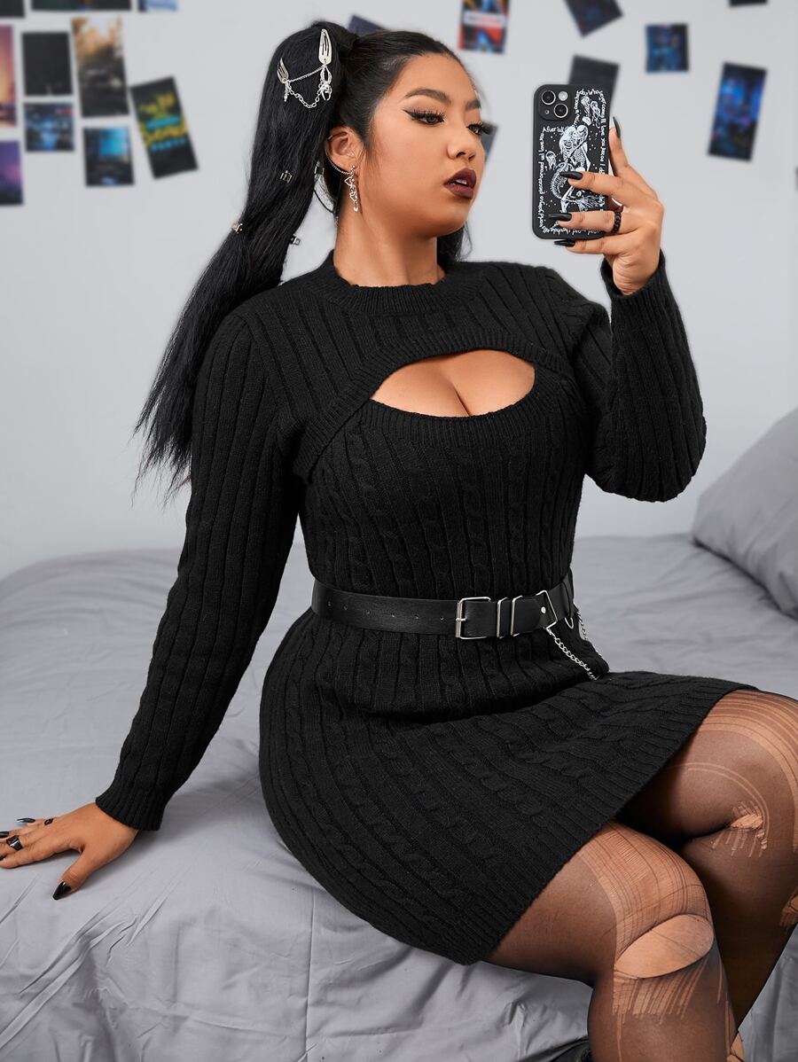 PUNK Plus Cut Out Cable Knit Jumper Dress Without Belt - Black - View 1