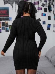 PUNK Plus Cut Out Cable Knit Jumper Dress Without Belt - Black - View 2