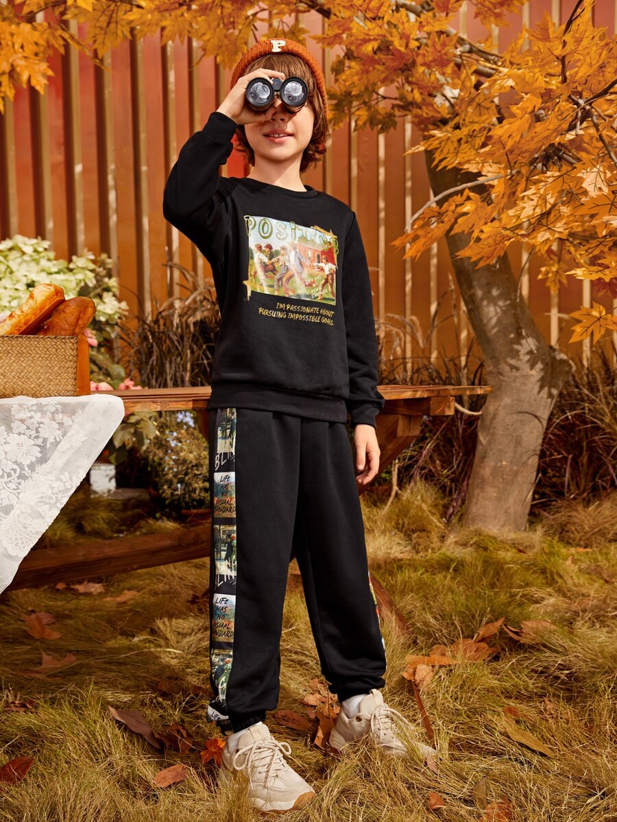 SHEIN Boys Figure Graphic Pullover & Joggers Set - Black - View 1