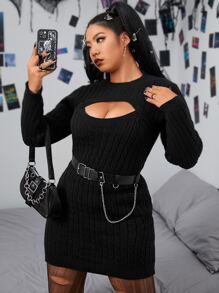PUNK Plus Cut Out Cable Knit Jumper Dress Without Belt - Black - View 6