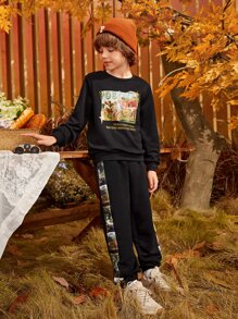 SHEIN Boys Figure Graphic Pullover & Joggers Set - Black - View 7