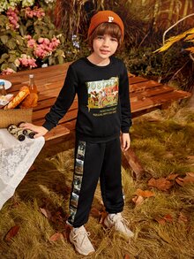 SHEIN Boys Figure Graphic Pullover & Joggers Set - Black - View 9