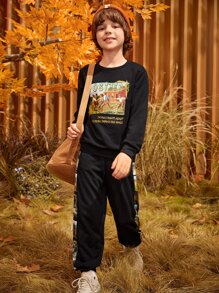 SHEIN Boys Figure Graphic Pullover & Joggers Set - Black - View 10