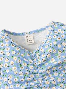 SHEIN Baby Ditsy Floral Print Ruched Front Top - Blue and White - View 3