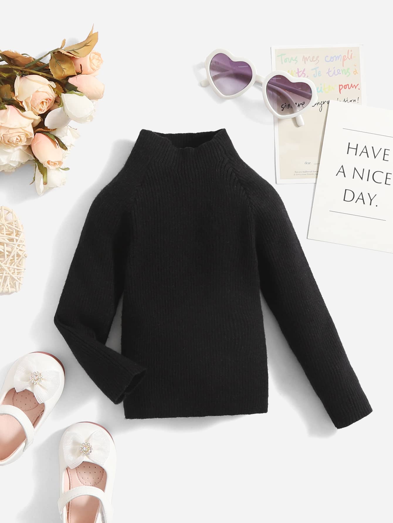 SHEIN Bebé Jersey de cuello alto de manga raglán - Negro - Ver 1