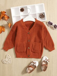 SHEIN Baby Dual Pocket Drop Shoulder Cardigan - Rust Brown - View 1