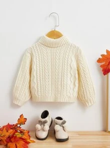 SHEIN Baby Cable Knit Turtleneck Jumper - Beige - View 1