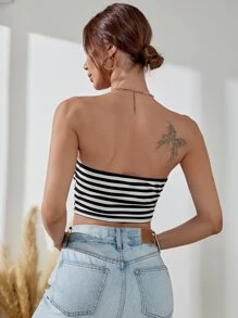 Striped Crop Tube Top - Black and White - View 2