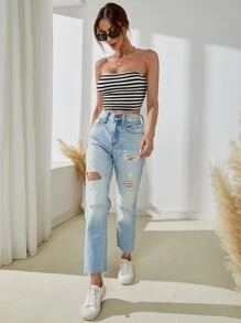 Striped Crop Tube Top - Black and White - View 5