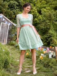 SHEIN VCAY Floral Embroidery Sweetheart Neck Dress - Mint Green - View 1