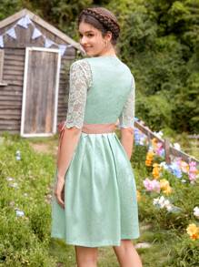 SHEIN VCAY Floral Embroidery Sweetheart Neck Dress - Mint Green - View 2