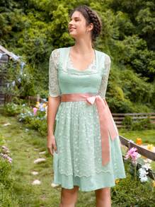 SHEIN VCAY Floral Embroidery Sweetheart Neck Dress - Mint Green - View 3