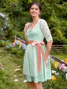 SHEIN VCAY Floral Embroidery Sweetheart Neck Dress - Mint Green - View 4