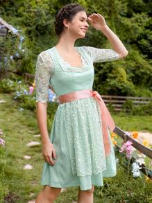 SHEIN VCAY Floral Embroidery Sweetheart Neck Dress - Mint Green - View 5