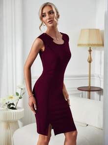 MIUSOL Cổ không đối xứng Khóa kéo phía sau Quần bó - Màu Tím - Xem 3