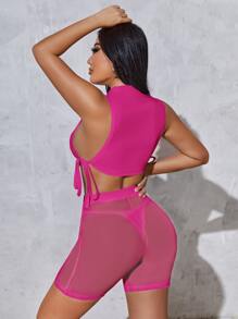 SHEIN SXY 小高領側打結背心上衣和網紗騎行褲不帶內褲 - 玫紅色 - 查看 2