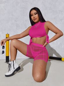 SHEIN SXY 小高領側打結背心上衣和網紗騎行褲不帶內褲 - 玫紅色 - 查看 5