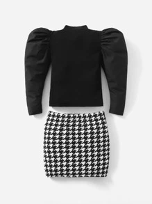 SHEIN 嬰兒泡泡袖T恤和千鳥格印花假鈕扣半身裙 - 黑色 - 查看 2