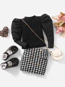 SHEIN 嬰兒泡泡袖T恤和千鳥格印花假鈕扣半身裙 - 黑色 - 查看 5