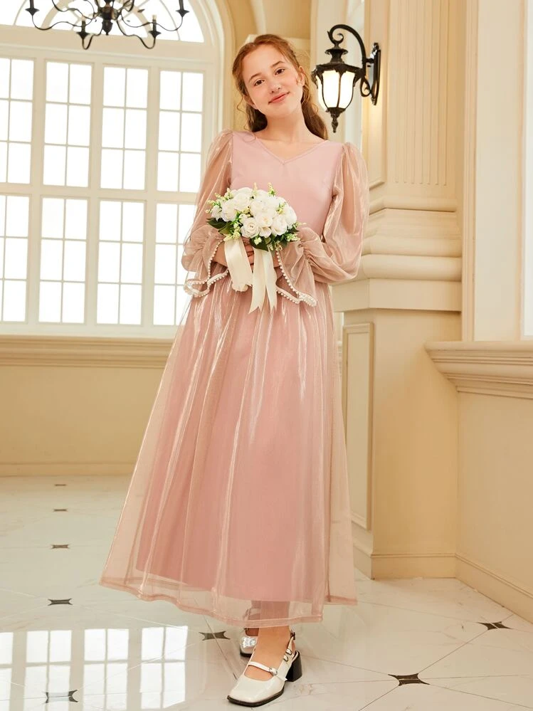 shein junior bridesmaid dresses Teen Girl V-neck Flounce Sleeve Dress berry 1st birthday