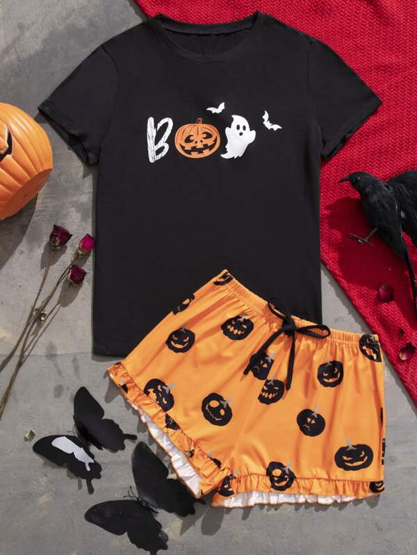 Halloween Pumpkin & Ghost Print Tie Front Frilled PJ Set