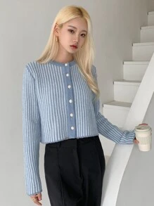 DAZY Striped Pattern Button Up Cardigan - Baby Blue - View 5