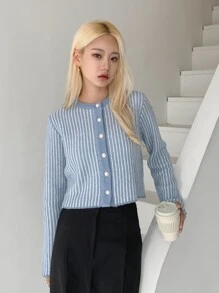 DAZY Striped Pattern Button Up Cardigan - Baby Blue - View 6