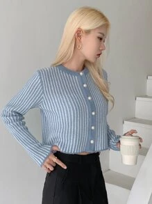 DAZY Striped Pattern Button Up Cardigan - Baby Blue - View 7