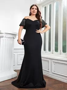 SHEIN Belle Plus Rhinestone Cold Shoulder Dress - Black - View 1