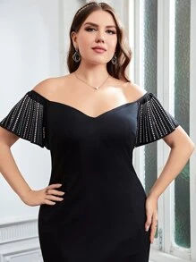 SHEIN Belle Plus Rhinestone Cold Shoulder Dress - Black - View 4