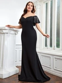 SHEIN Belle Plus Rhinestone Cold Shoulder Dress - Black - View 6