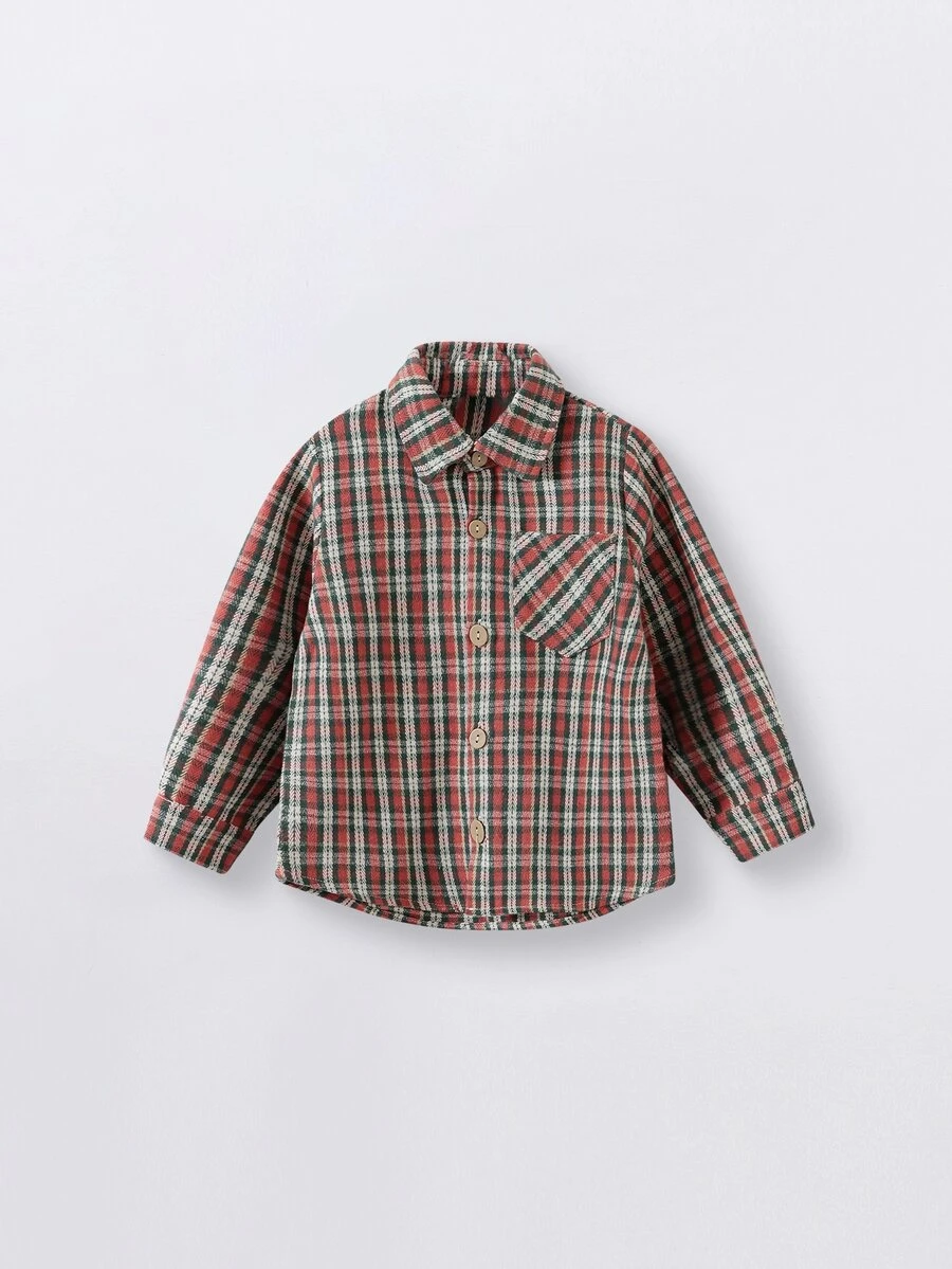 Yierying 小男童補丁貼口袋格紋襯衫