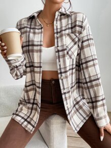 SHEIN EZwear Plaid Print Drop Shoulder Coat - Multicolor - View 4