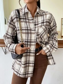 SHEIN EZwear Plaid Print Drop Shoulder Coat - Multicolor - View 6